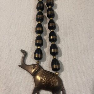 Elephant Pendant Necklace with Black and Gold Beads